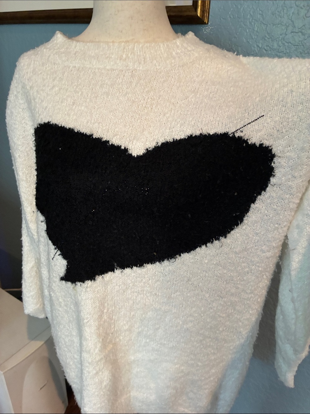 White Crewneck Sweater with Black Heart Motif